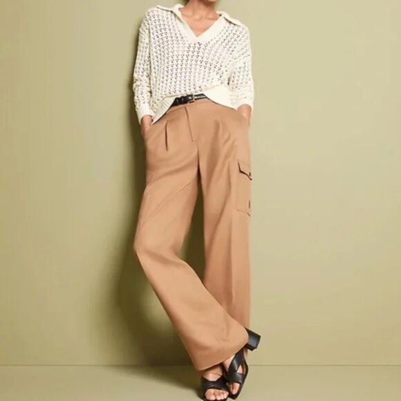 LOFT Linen Blend Wide Leg Cargo Pants in Perfect Camel NEW - Picture 1 of 4